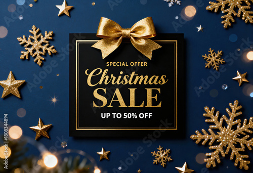Christmassy sale promotion with golden bow and snowflakes on blue background, beautiful seasonal decor layout, topview winter