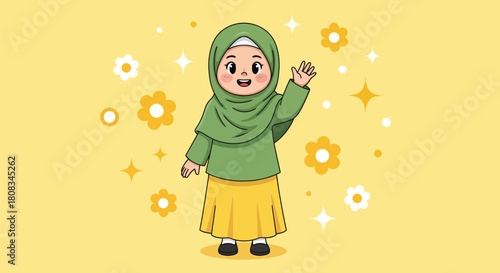 Cute Muslim girl in green hijab waving happily cartoon illustration.