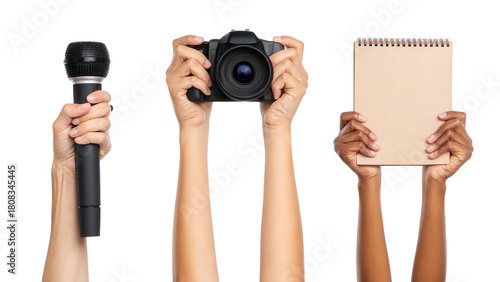 Hands holding microphone, camera, and notebook for news media isolated on white background