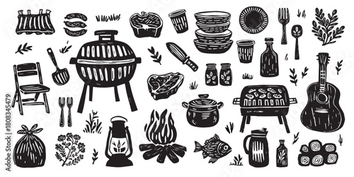 Hand drawn black and white barbecue and picnic elements including grill, food, steak, ribs, utensils, fire, lantern, guitar, and camping gear in rustic vintage style