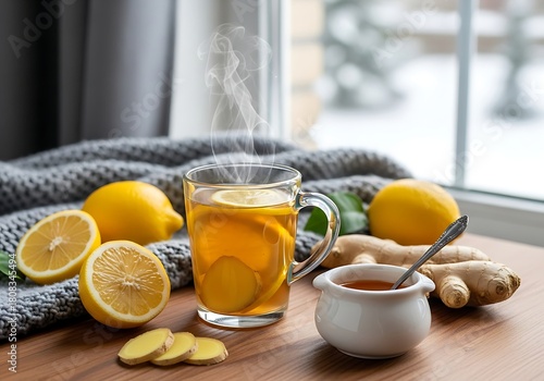 Hot tea with lemon and ginger on a wooden table near the window in winter time