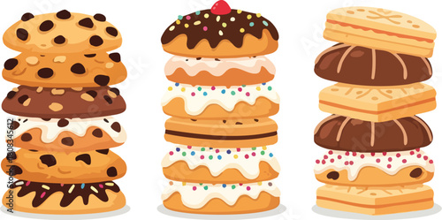 Illustration of assorted sweet treats including cookies and decorated donuts stacked on top of each other against a plain white background.