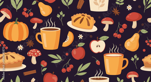 Vibrant autumn-themed seamless pattern showcasing harvest bounty, warm treats, cozy beverages, and natural woodland elements.