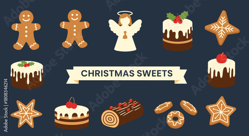 A festive collection of Christmas sweets and baked goods, featuring gingerbread men, decorated cakes, and cookies, presented on a dark background.