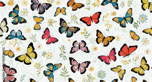 A delightful and vibrant seamless pattern featuring colorful butterflies gracefully fluttering amidst delicate wildflowers and green foliage.
