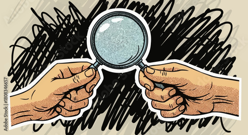 Two hands holding a magnifying glass for close examination.