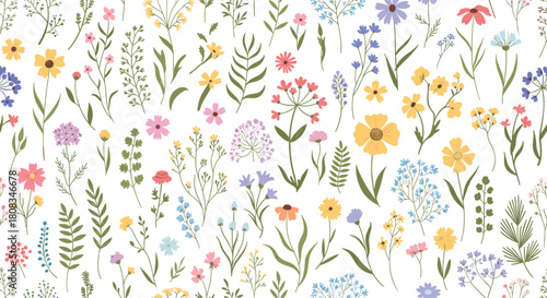 A cheerful and charming seamless pattern of diverse colorful wildflowers and botanical elements, perfect for spring and summer textile and paper designs.