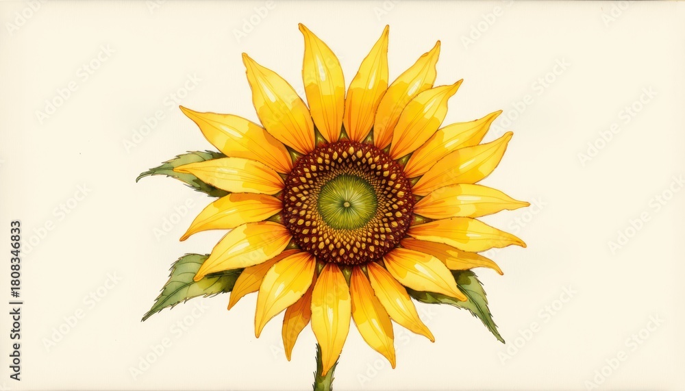 Fototapeta premium Yellow sunflower with green leaves on white background bright yellow sunflower head with verdant green leaves contrasting against a clean white backdrop