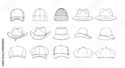 Collection of Various Hat Styles in Line Art.