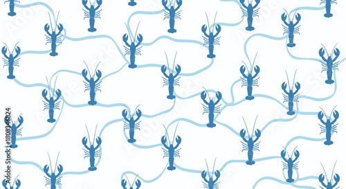 A graphic illustration featuring a seamless network of stylized blue lobsters interconnected by abstract blue wavy lines on a clean white background.