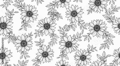 Wallpaper Mural Elegant Hand-Drawn Sunflower Pattern with Delicate Leaves. Torontodigital.ca