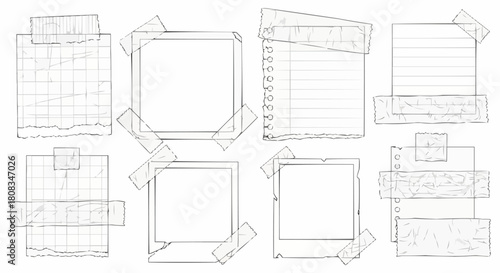 Collection of Hand Drawn Sticky Notes and Paper Scraps with Tape.