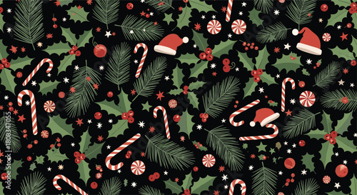 Seamless Christmas pattern with traditional holly, pine branches, candy canes, and Santa hats on a dark background, evoking a festive and joyous holiday season.