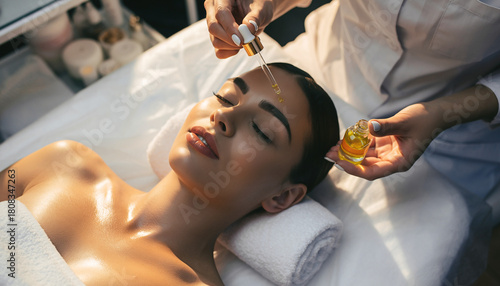 Revitalizing Ritual: A serene spa scene features a client receiving a facial treatment, as a skilled hand gently applies nourishing oil, creating a moment of pure bliss.