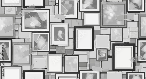Monochrome Wall Collage of Assorted Picture Frames and Photos.