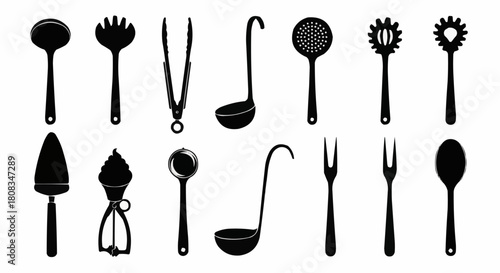 Collection of kitchen utensils in silhouette, cooking tools and equipment.