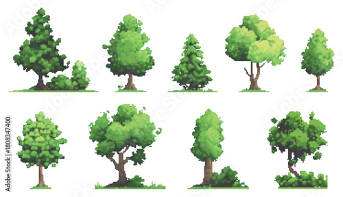 Pixel trees set for arcade game assets isolated on white background. Pixel art icon set. Forest elements logo collection. 8-bit sprite. Game development, mobile app. Garden or park green plants