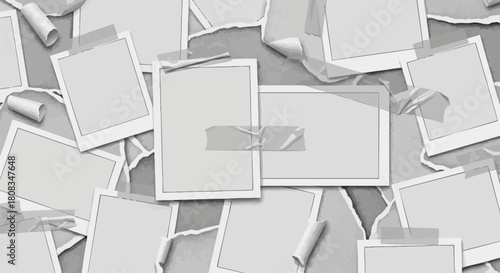 Scattered Torn Paper Frames and Photos Collage Background.
