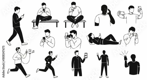 Hand drawn illustration set of people using their smartphones for various activities.