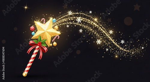 Christmas magic wand with gold star and sparkles holiday season festive decoration celebration vector art design