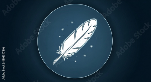 White feather illustration in circle on dark blue background for graphic design and web design projects