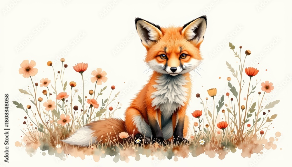 Obraz premium Fox sitting in grass with flowers wild fox observed resting calmly within vibrant green grass surrounded by blooming colorful flowers