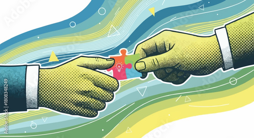 Hands connecting puzzle pieces representing teamwork and collaboration.