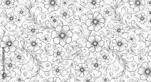 Elegant Floral Pattern - A Detailed Black and White Botanical Design.