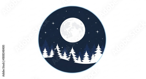 Full moon night scene vector illustration with forest trees and stars landscape background graphic design