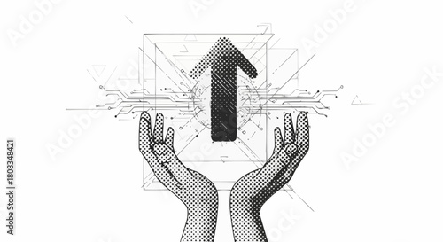 Hands Holding Upward Arrow with Technological Blueprint.