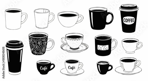 Collection of Hand-Drawn Coffee Cups and Mugs in Various Styles.