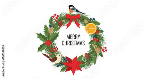 A beautiful Christmas wreath featuring green pine, holly, pinecones, a red bow, an orange slice, two birds, and 'MERRY CHRISTMAS' text.