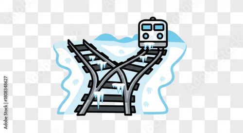 Winter train travel on snowy railway tracks with icicles and train vector illustration for travel
