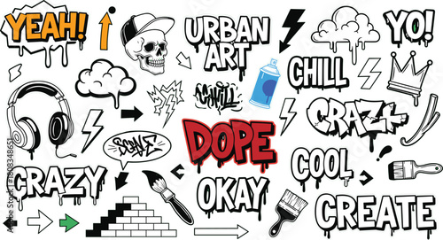 Illustration of a vibrant collection of urban art elements, featuring graffitistyle lettering, skull, headphones, clouds, and lightning bolts, all in black and white on a green backdrop
