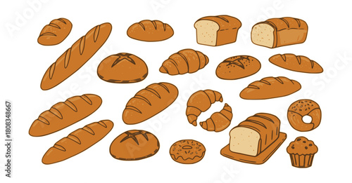 Set of different types of bread and bakery products. Simple elements in doodle style.