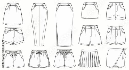 Variety of fashionable skirts and shorts designs for women clothing.