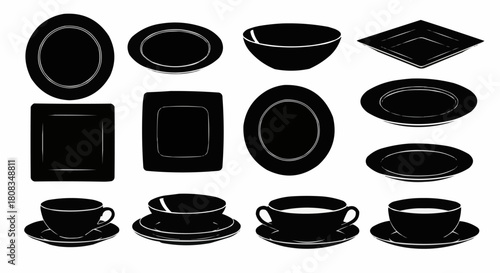 Collection of Black Ceramic Dinnerware and Drinkware.