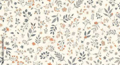 Delicate seamless pattern featuring hand-drawn botanical illustrations and small flowers in muted tones of grey, terracotta, and taupe on a creamy background.