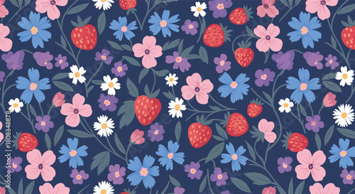 A charming seamless folk art pattern with red strawberries and a vibrant mix of blue, pink, purple, and white wildflowers on a dark blue background.