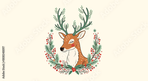 An adorable illustrated deer with leafy antlers smiles peacefully within a festive wreath of pine branches and red berries, perfect for holiday greetings and winter designs.