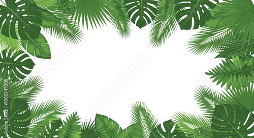 Lush green tropical leaves, including monstera and palm fronds, create a vibrant botanical frame around a clean white space, ideal for summer themes.