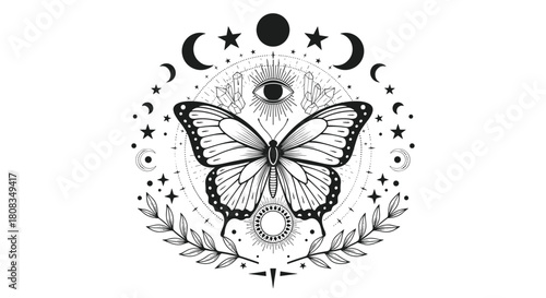 A detailed black and white illustration featuring a butterfly with celestial and mystical elements like moons, stars, and an all-seeing eye.