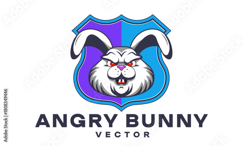 Vector graphic logo, emblem. Cartoon head of eared angry bunny and shield. Sticker. Toon portrait of evil rabbit, red eyes and teeth. Isolated background