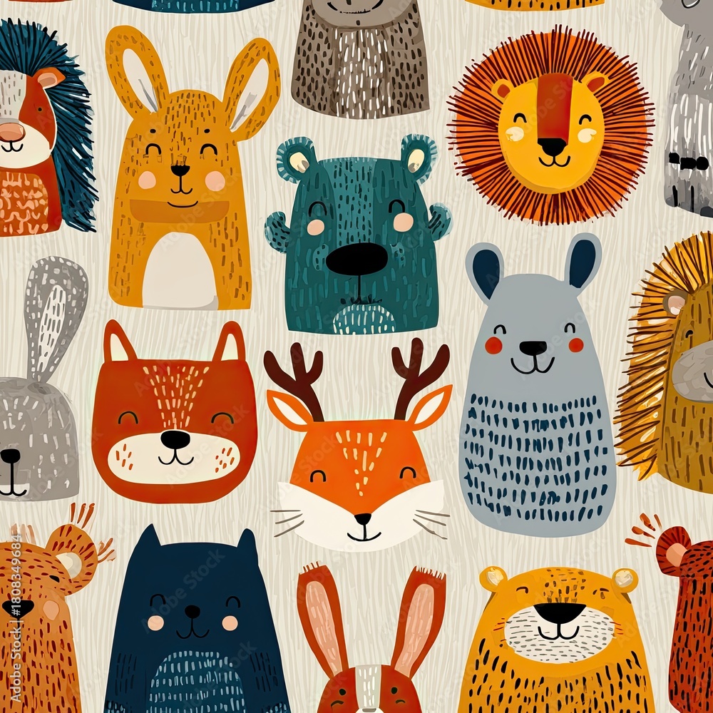Obraz premium Whimsical Kids’ Pattern Featuring Adorable Animal Faces