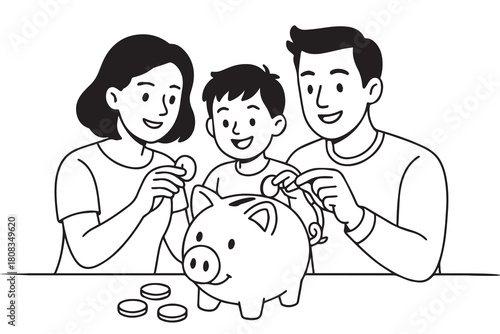 A minimalist black and white vector artwork depicting a parent and a young son dropping coins into a piggy bank, symbolizing financial lessons and family savings in a clear, modern outline.