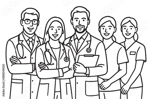 A clean black and white vector artwork showing multiple doctors and nurses of both genders, illustrated with smooth outlines to symbolize medical service, care, and clinical teamwork.