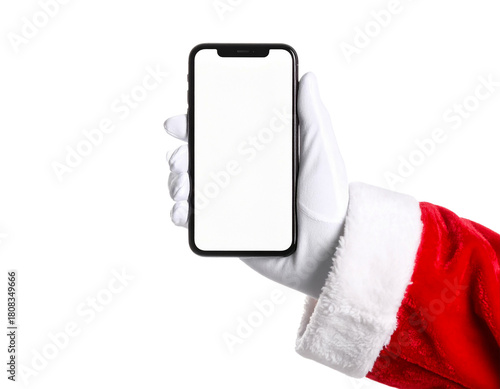 Santa claus holding phone christmas mockup mobile app promotion on transparent background