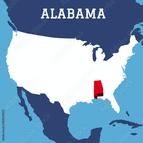 Alabama State State highlighted 3D map on india map with blue background vector illustration	