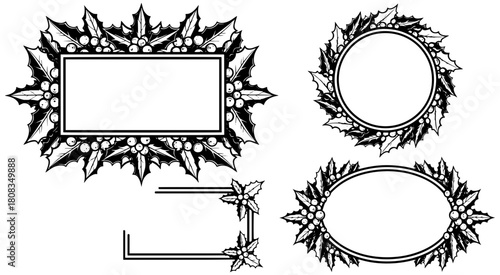 Elegant holiday holly frames border elements for greeting cards and festive designs