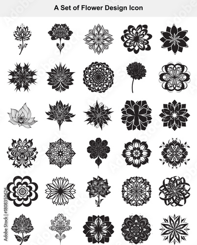 Set of Black and White Flower Design Icons